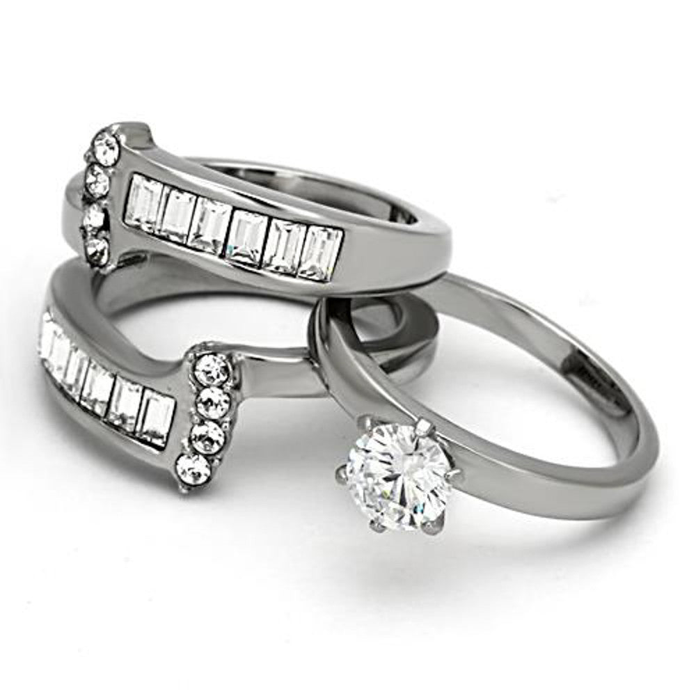 ARTK976 Stainless Steel Women's Round Cut Silver AAA CZ Wedding Ring Band Set Size 5-10